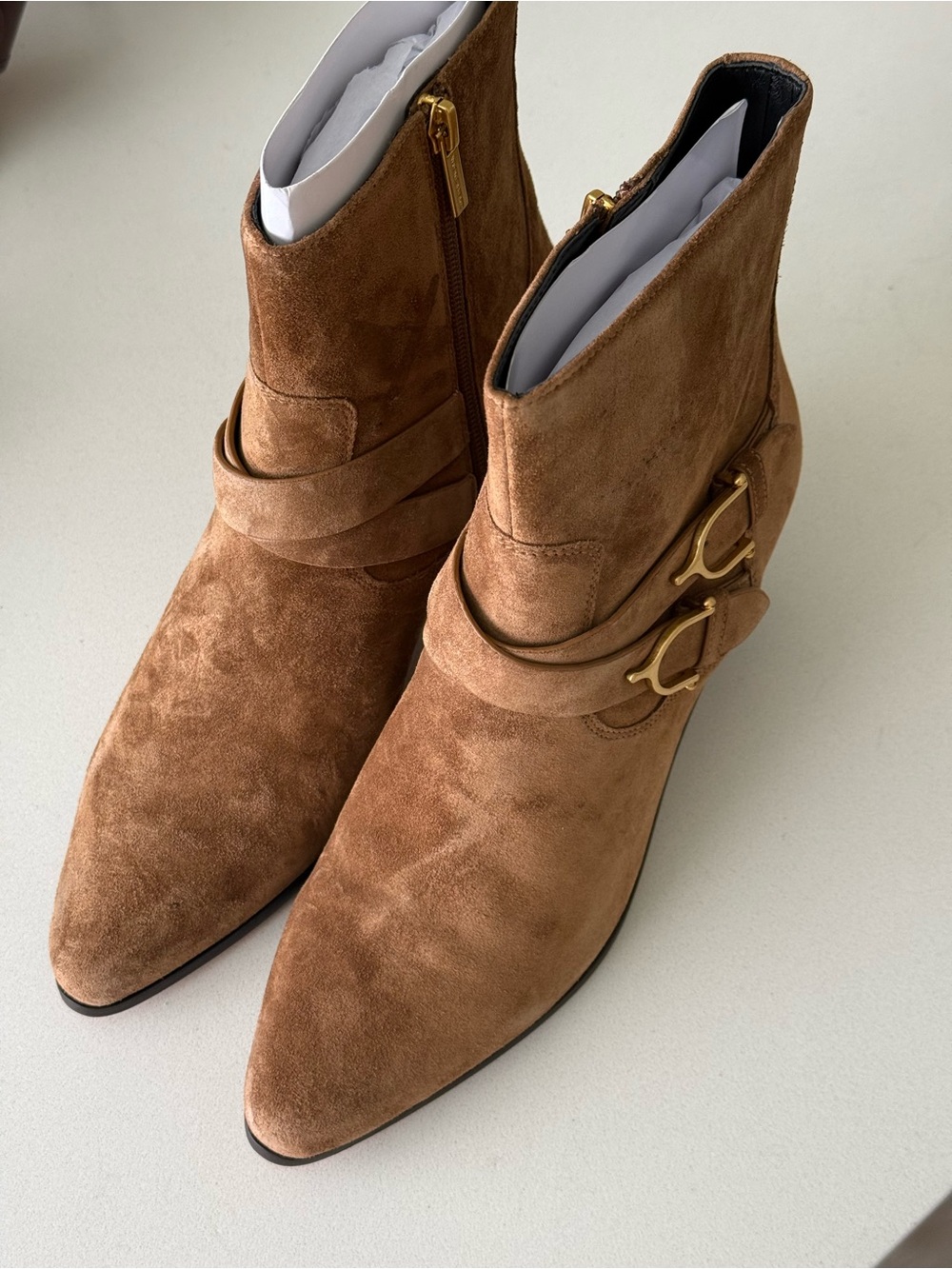 Veronica Beard Tan Suede Ankle Boots with Buckle Straps - Picture 2 of 3